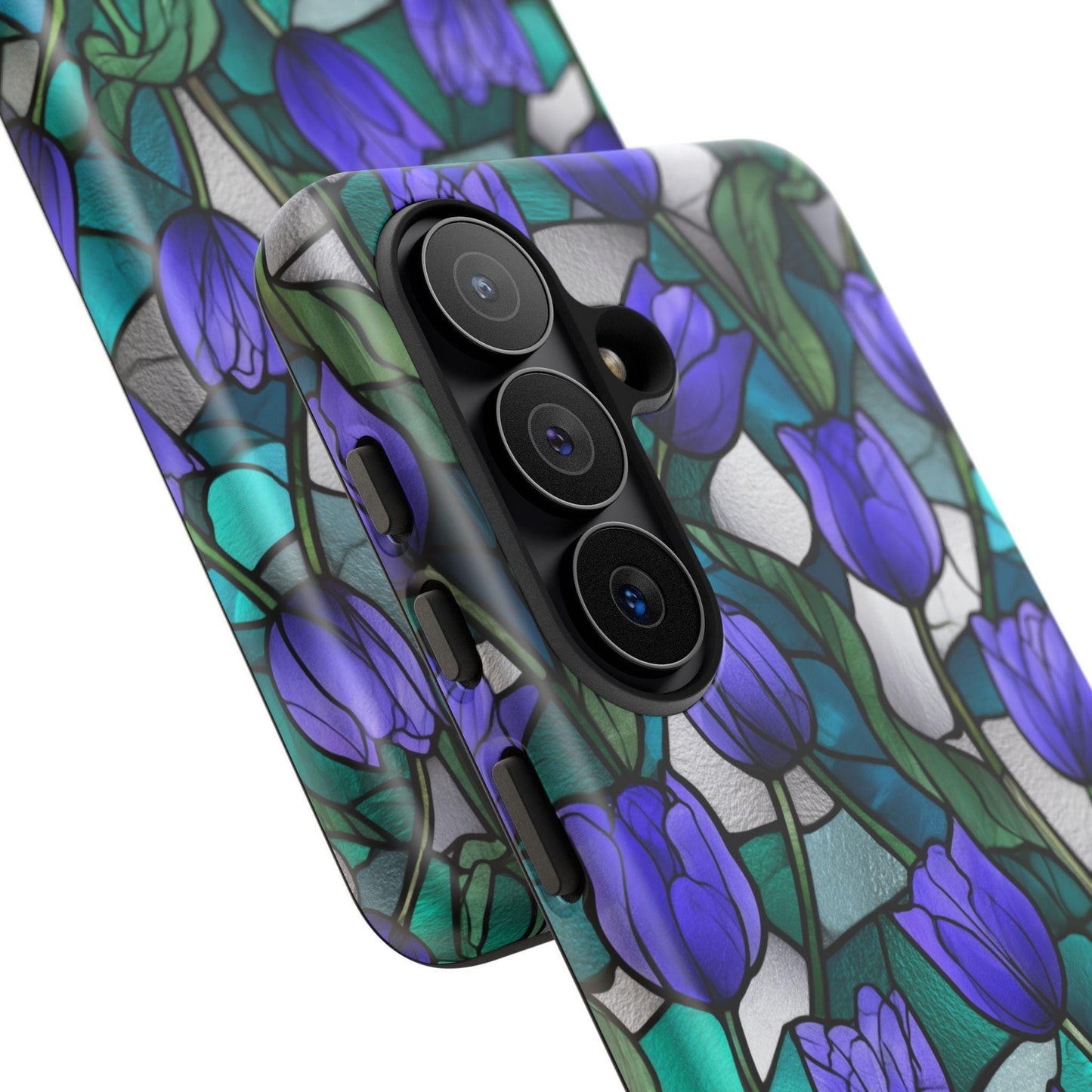 Violet Tulips Teal Floral Stained Glass