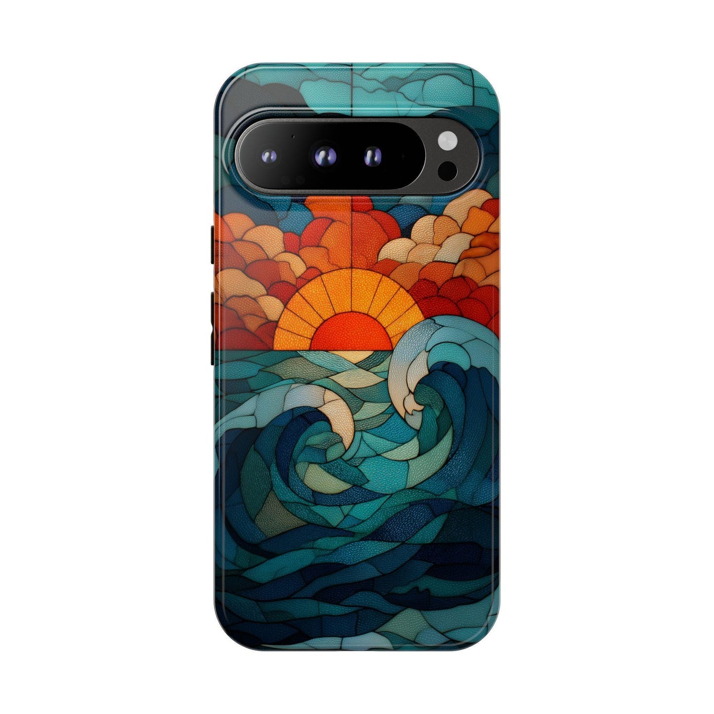Beach Sunset Teal Orange Stained Glass