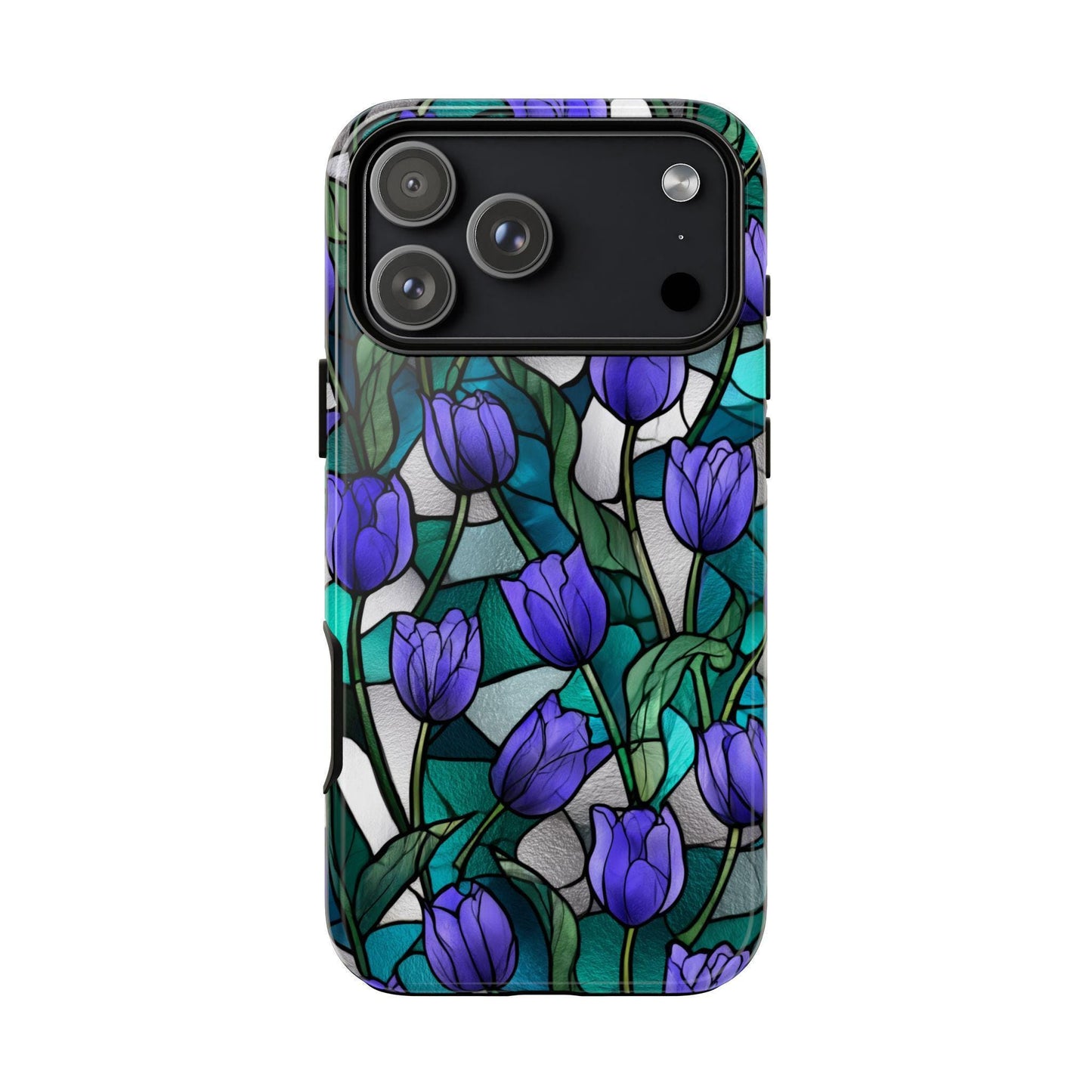 Violet Tulips Teal Floral Stained Glass