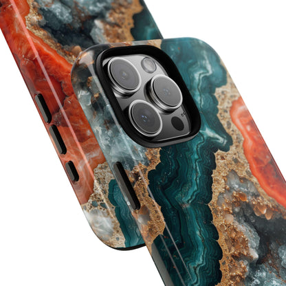 The image is an advertisement for a slim case designed for smartphones. It features a close-up view of the case and a smartphone, highlighting the case's features such as its open access to all ports, impact-resistant corners, raised camera, and screen protection. The case also has a high resolution non-fading print, making it a visually appealing and durable option for smartphone users.
