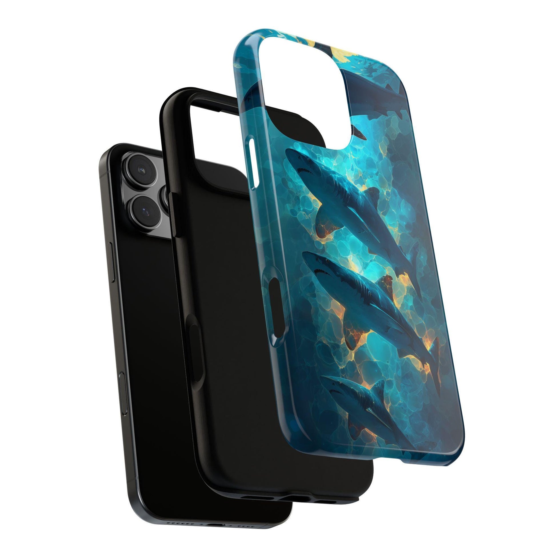 The image is an advertisement for a "Magsafe Tough Case" designed for smartphones. It features a close-up of a phone case with a colorful, cosmic-themed design, and a description of the case's features, such as the dual-layer impact resistant protection and the embedded magnetic ring. The image also indicates that the case is not available for Samsung Galaxy or Google Pixel models.