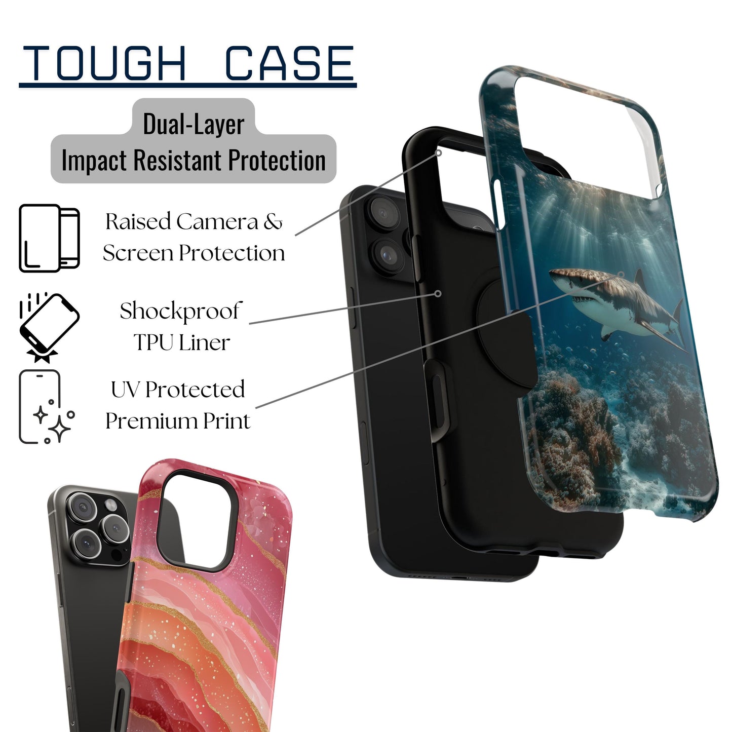 a phone case with a design of a shark swimming in the ocean. The case is described as "Tough Case" and "Dual-layer Impact Resistant Protection", indicating that it has multiple layers of protection to withstand impact. The case also has a raised camera and screen protection, as well as a shockproof TPU liner and UV-protected premium print.
