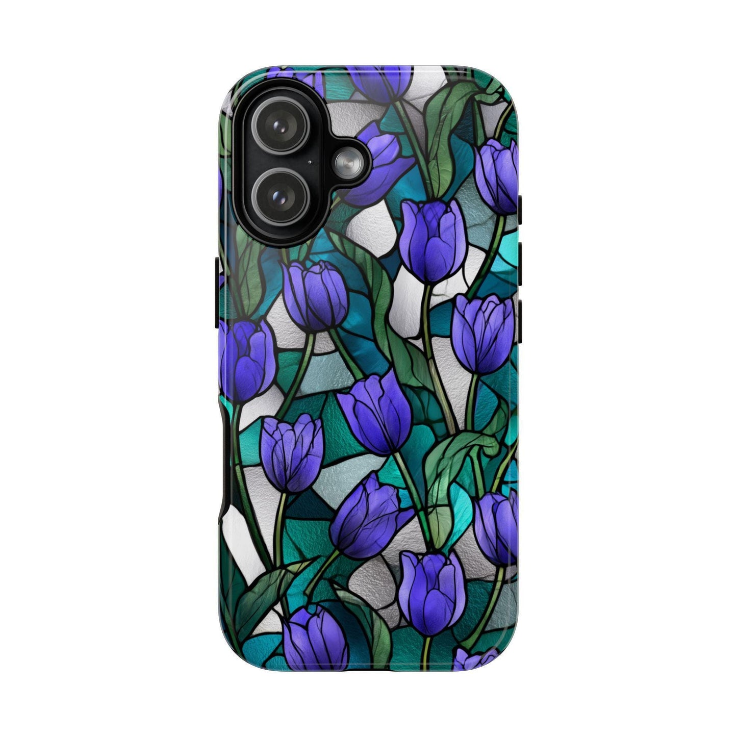 Violet Tulips Teal Floral Stained Glass