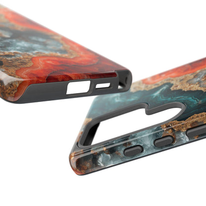 a phone case with a design of a shark swimming in the ocean. The case is described as "Tough Case" and "Dual-layer Impact Resistant Protection", indicating that it has multiple layers of protection to withstand impact. The case also has a raised camera and screen protection, as well as a shockproof TPU liner and UV-protected premium print.