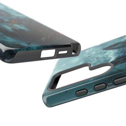 a phone case with a design of a shark swimming in the ocean. The case is described as "Tough Case" and "Dual-layer Impact Resistant Protection", indicating that it has multiple layers of protection to withstand impact. The case also has a raised camera and screen protection, as well as a shockproof TPU liner and UV-protected premium print.