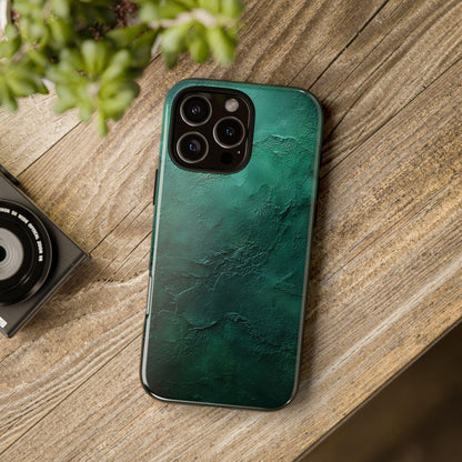 The image is an advertisement for a "Magsafe Tough Case" designed for smartphones. It features a close-up of a phone case with a colorful, cosmic-themed design, and a description of the case's features, such as the dual-layer impact resistant protection and the embedded magnetic ring. The image also indicates that the case is not available for Samsung Galaxy or Google Pixel models.