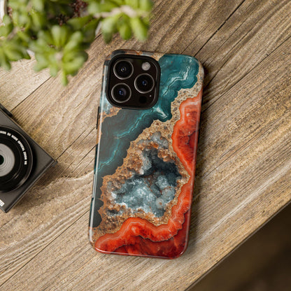 The image is an advertisement for a "Magsafe Tough Case" designed for smartphones. It features a close-up of a phone case with a colorful, cosmic-themed design, and a description of the case's features, such as the dual-layer impact resistant protection and the embedded magnetic ring. The image also indicates that the case is not available for Samsung Galaxy or Google Pixel models.
