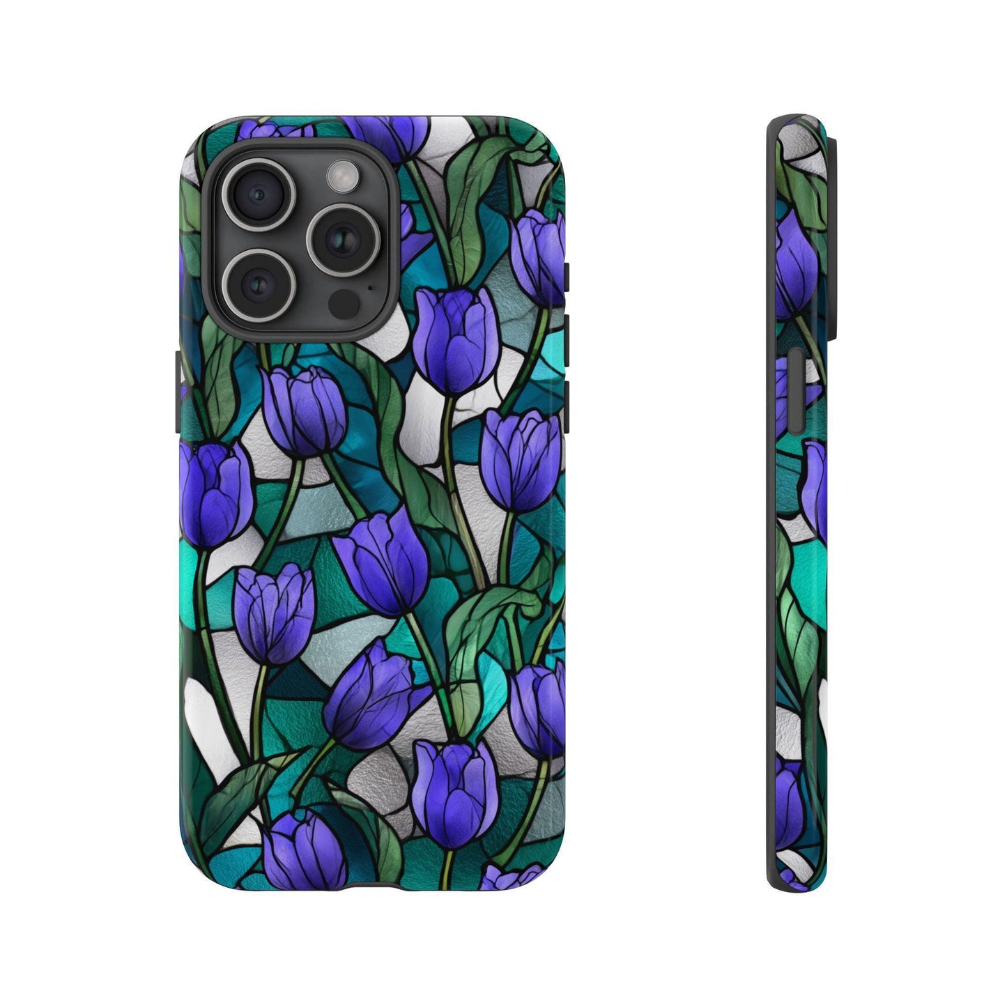 Violet Tulips Teal Floral Stained Glass