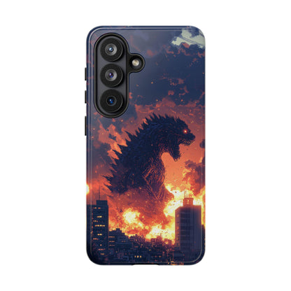 a phone case with a design of a shark swimming in the ocean. The case is described as "Tough Case" and "Dual-layer Impact Resistant Protection", indicating that it has multiple layers of protection to withstand impact. The case also has a raised camera and screen protection, as well as a shockproof TPU liner and UV-protected premium print.