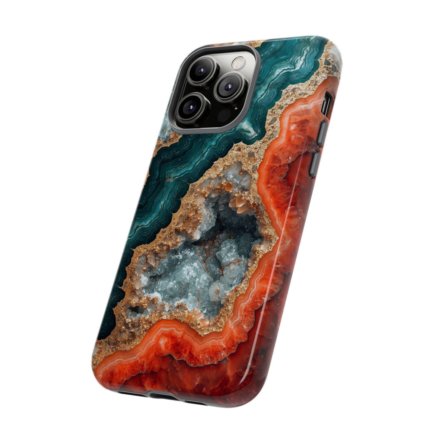 The image is an advertisement for a "Magsafe Tough Case" designed for smartphones. It features a close-up of a phone case with a colorful, cosmic-themed design, and a description of the case's features, such as the dual-layer impact resistant protection and the embedded magnetic ring. The image also indicates that the case is not available for Samsung Galaxy or Google Pixel models.