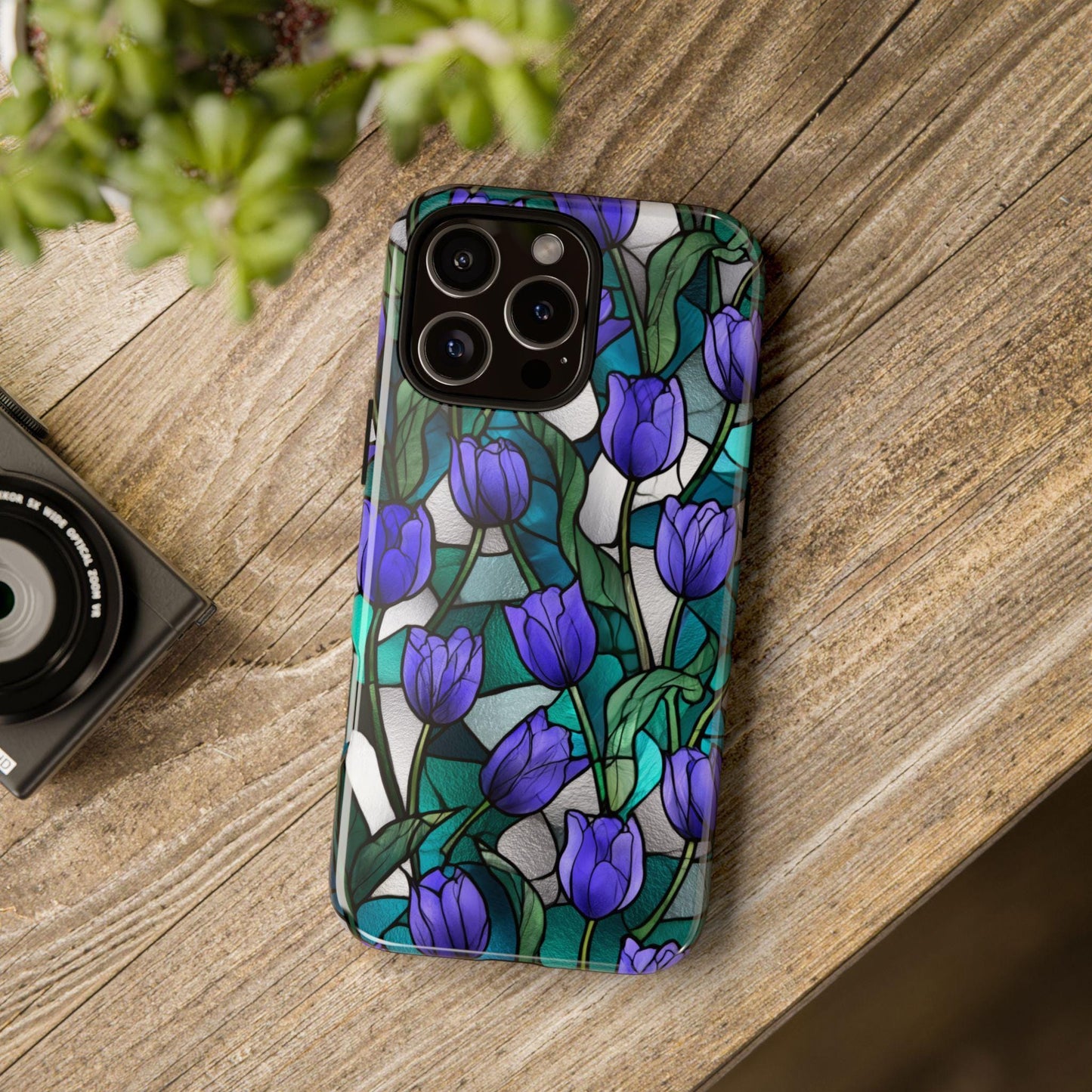 Violet Tulips Teal Floral Stained Glass