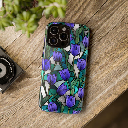 Violet Tulips Teal Floral Stained Glass