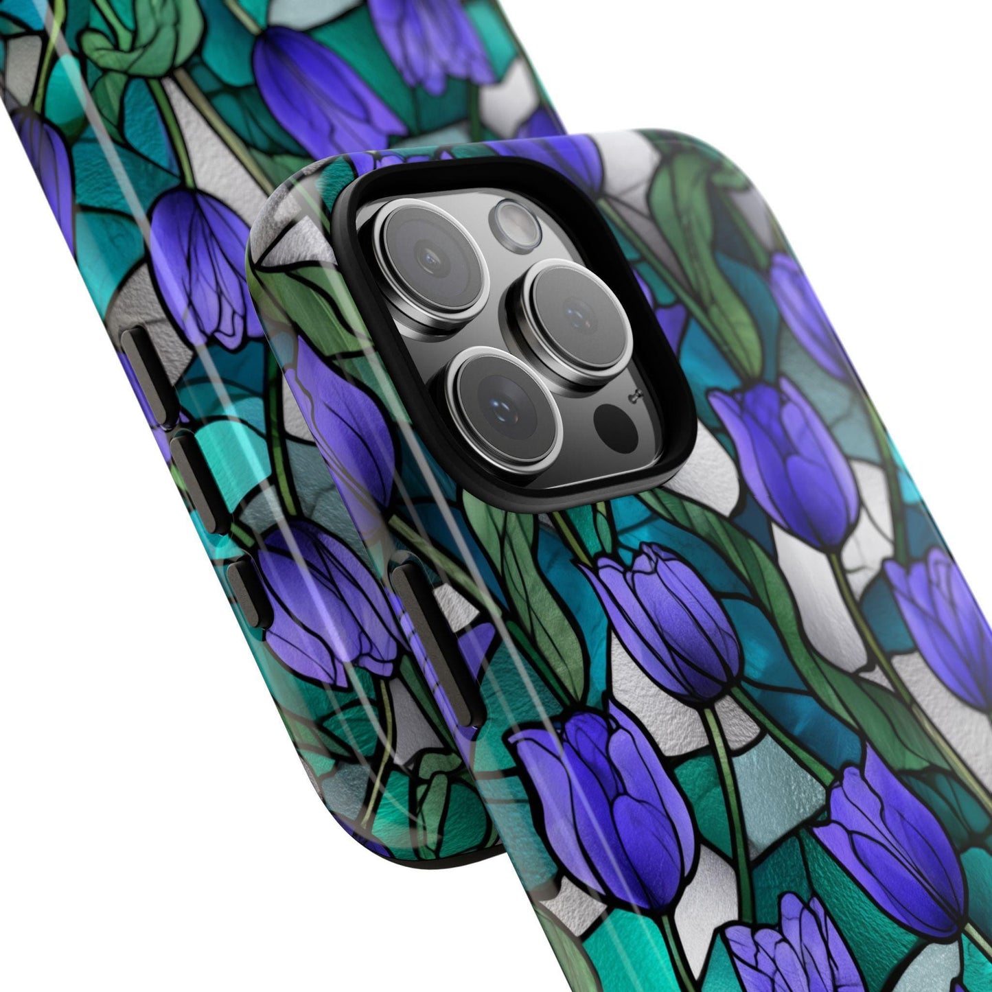 Violet Tulips Teal Floral Stained Glass