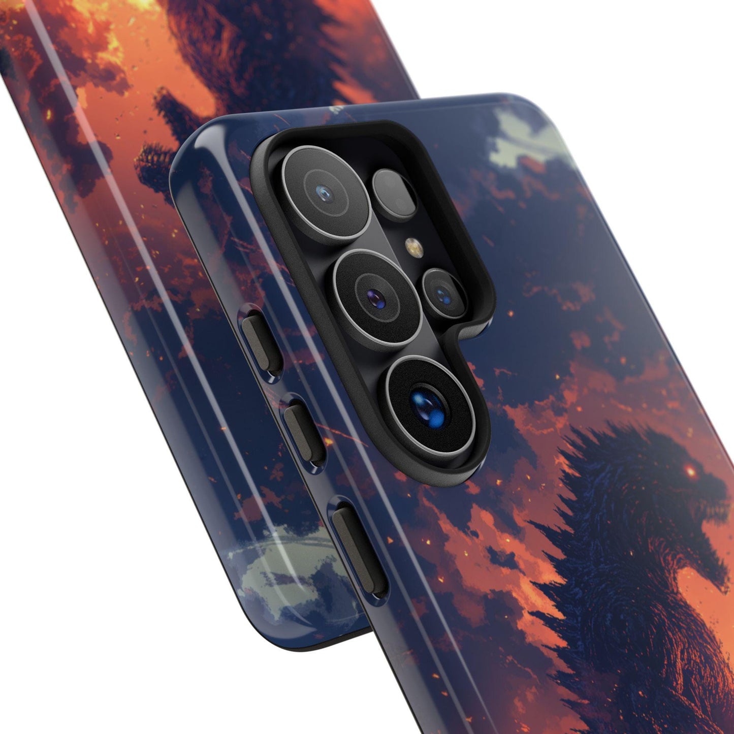The image is an advertisement for a "Magsafe Tough Case" designed for smartphones. It features a close-up of a phone case with a colorful, cosmic-themed design, and a description of the case's features, such as the dual-layer impact resistant protection and the embedded magnetic ring. The image also indicates that the case is not available for Samsung Galaxy or Google Pixel models.