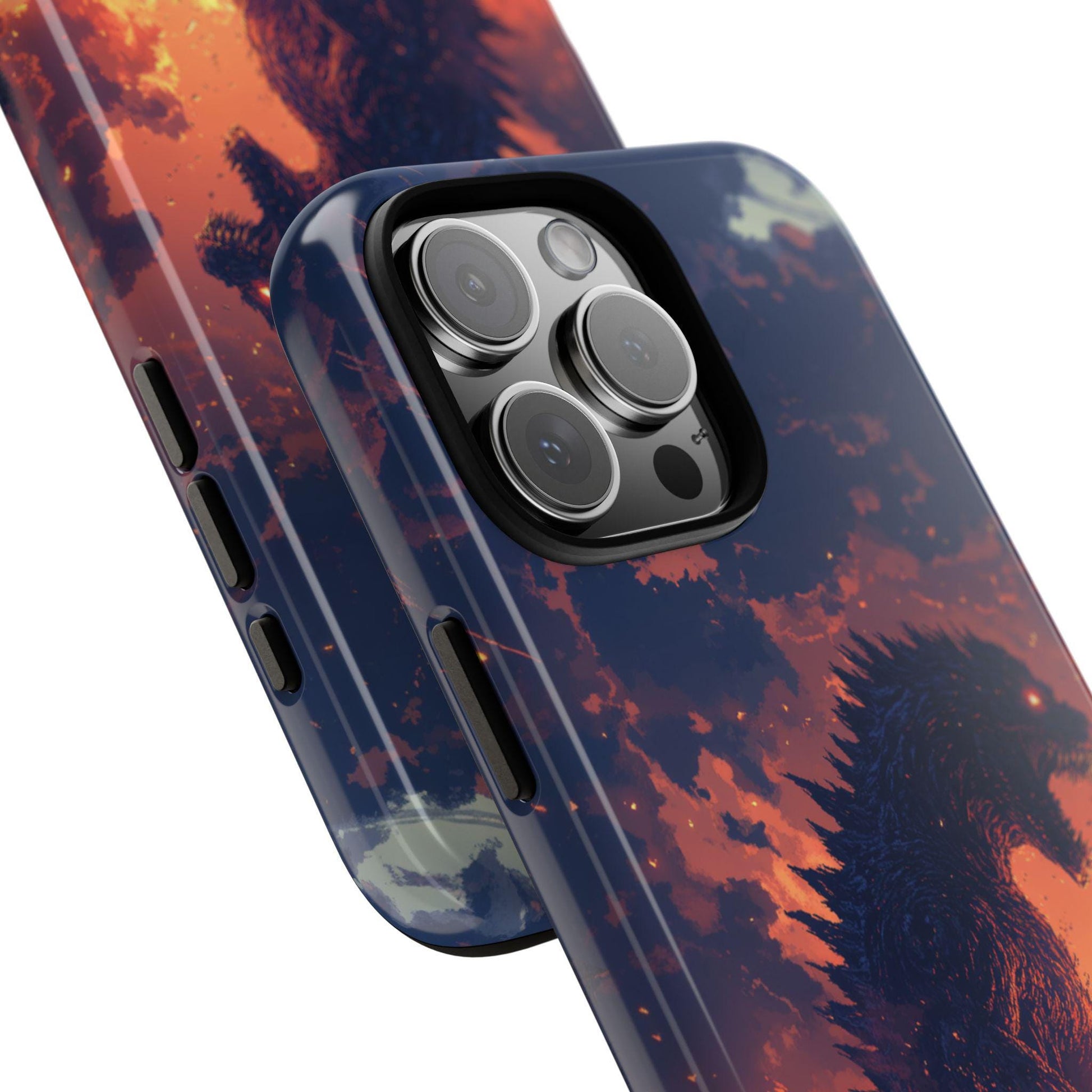 The image is an advertisement for a slim case designed for smartphones. It features a close-up view of the case and a smartphone, highlighting the case's features such as its open access to all ports, impact-resistant corners, raised camera, and screen protection. The case also has a high resolution non-fading print, making it a visually appealing and durable option for smartphone users.
