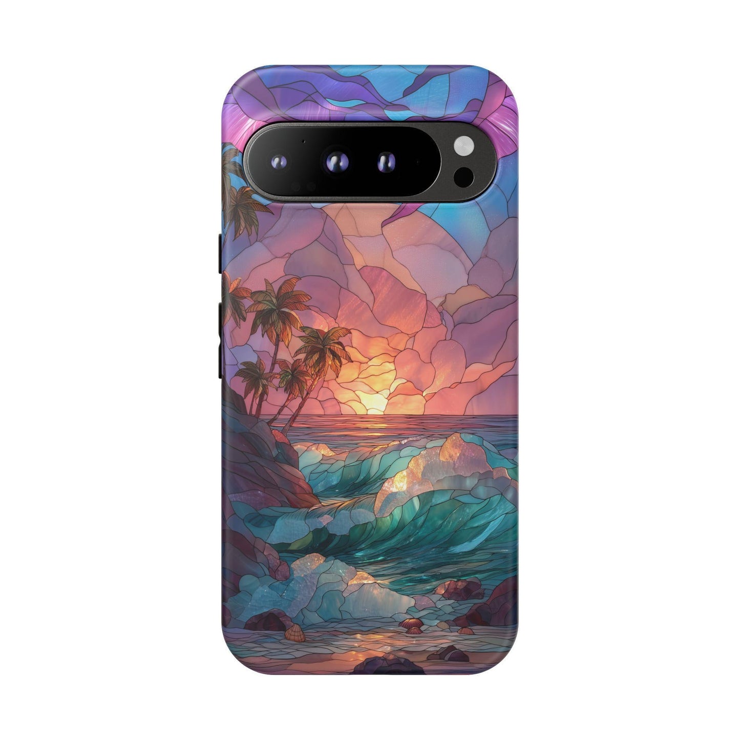 Teal Ocean Beach Sunset Stained Glass