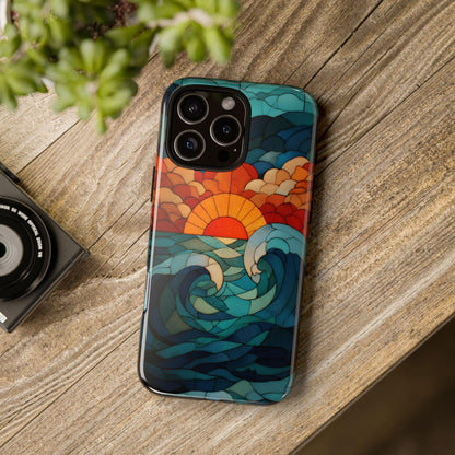 Beach Sunset Teal Orange Stained Glass